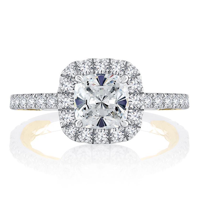 Classic Two Tone Halo Cushion Cut Diamond Engagement Ring