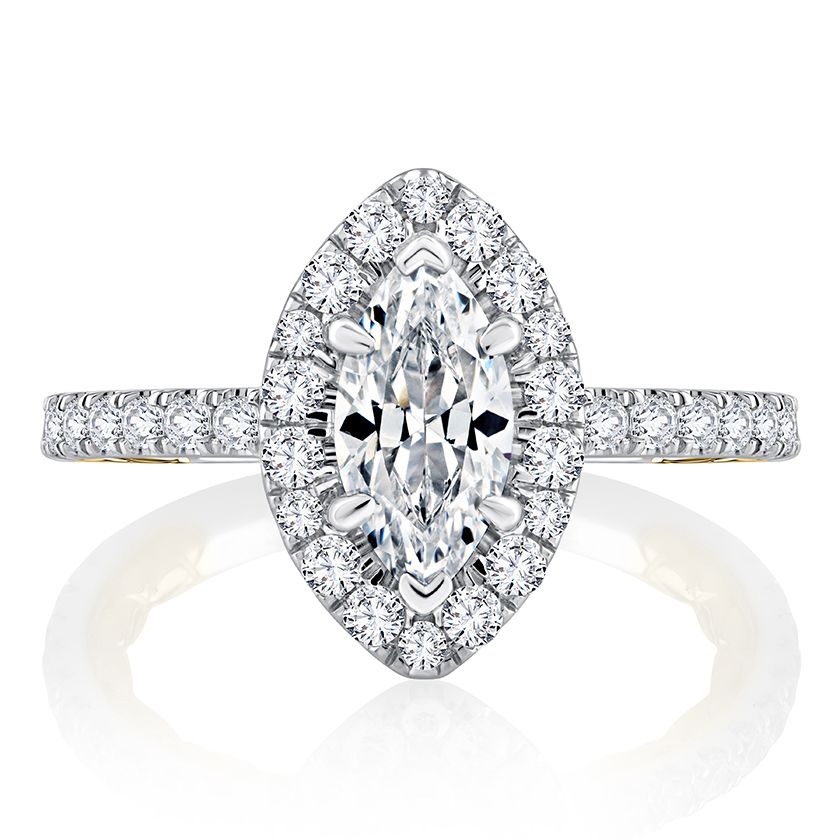 Classic Two Tone Halo Marquise Cut Diamond Engagement Ring