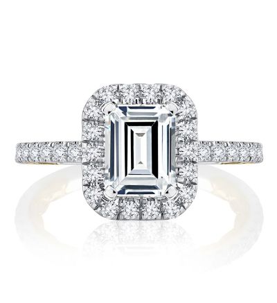 Classic Two Tone Halo Emerald Cut Diamond Engagement Ring