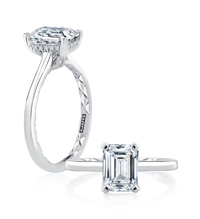 Hidden Halo Emerald Cut Diamond Solitaire Engagement Ring with Quilted Interior