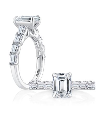 Emerald Cut Diamond Engagement Ring with East West Emerald Diamond Accents Band