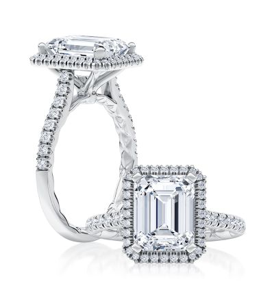 Modern Emerald Cut Diamond Engagment Ring with Diamond Pave Halo