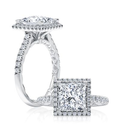 Modern Princess Cut Diamond Engagement Ring with Halo and Pave Band