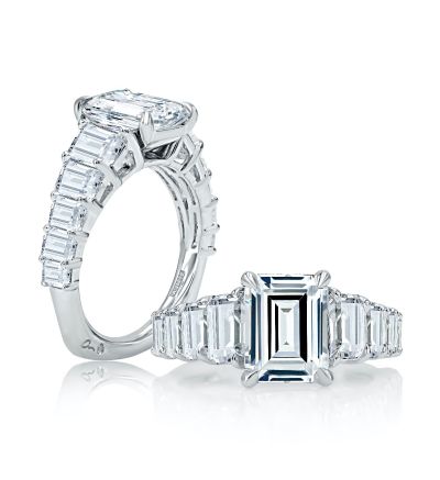Emerald Cut Diamond Flanked Engagement Ring with Signature Shank