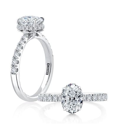 Oval Cut Shared Prong Diamond Engagement Ring with Hidden Halo