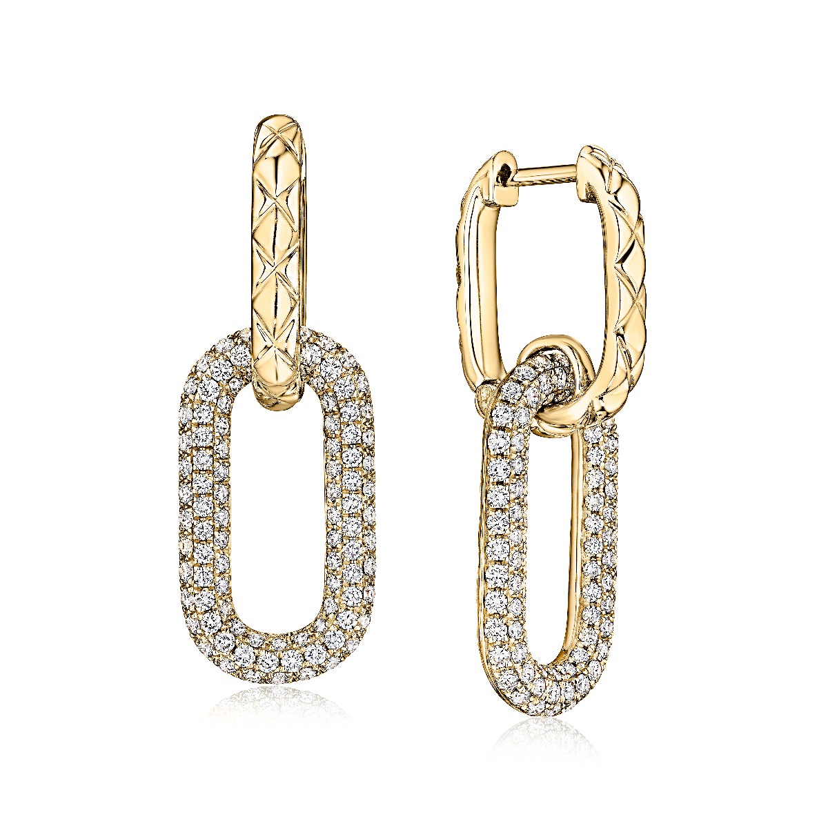  2 Link Paper Clip Earrings With Pave Diamonds and Quilted Pattern 