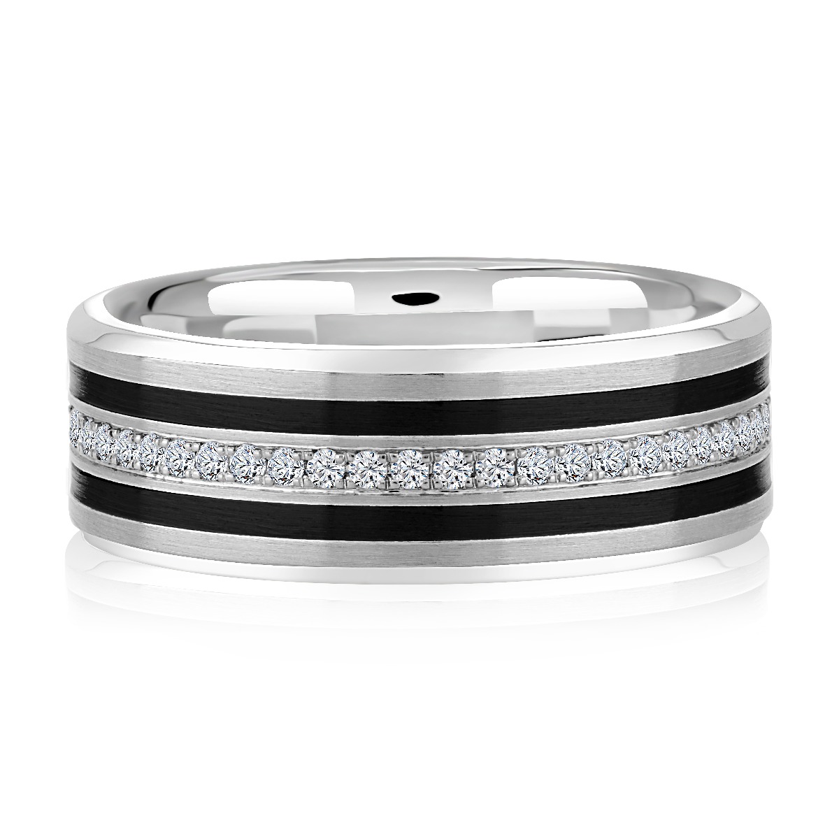 Prong Set Diamond Eternity Band with Double Black Satin Ceramic Lines With Beveled Edges