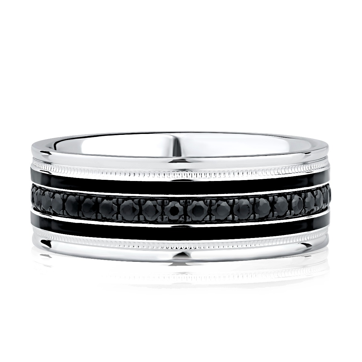 Prong Set Diamond Eternity Band with Double Black Ceramic Lines and Milgrain Detail