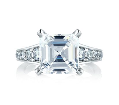 Statement Asscher Cut with Diamond Studded Center Prongs & Diamond Stepped Shank Engagement Ring