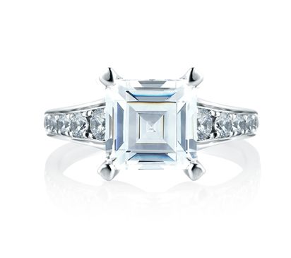 Statement Asscher Cut with Diamond Studded Center Prongs & Diamond Stepped Shank Engagement Ring