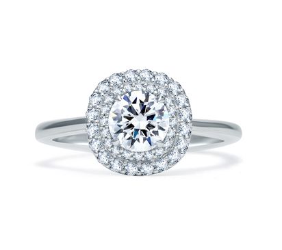 This double halo diamond engagement ring from the Classics Collection surrounds a round center diamond and has a high polished shank.