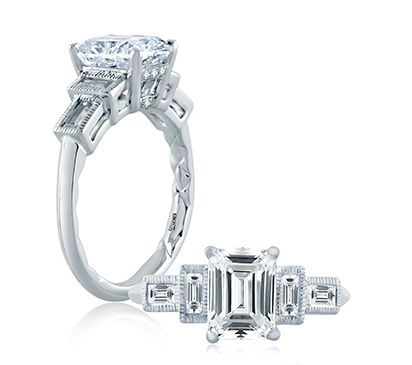 Emerald Cut Modern Vintage Engagement Ring with Baguette Accent