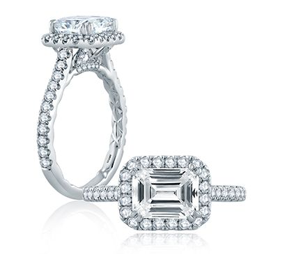 East/West Emerald Cut Pave Halo Engagement Ring