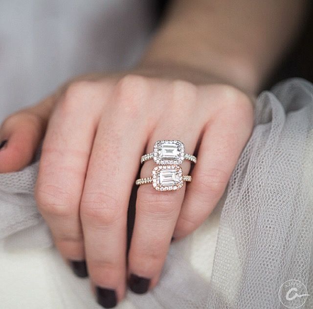 East/West Emerald Cut Pave Halo Engagement Ring