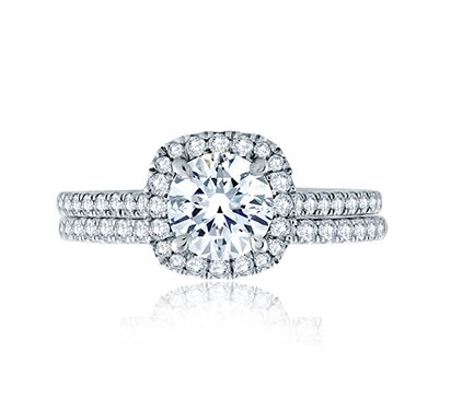 Intricate Milgrain Accent Gallery Detail Round Center with Cushion Shaped Halo Engagement Ring