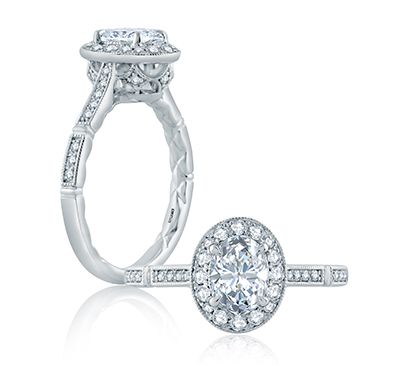 Modern Vintage Ornate Gallery and Shank Detail Oval Halo Engagement Ring
