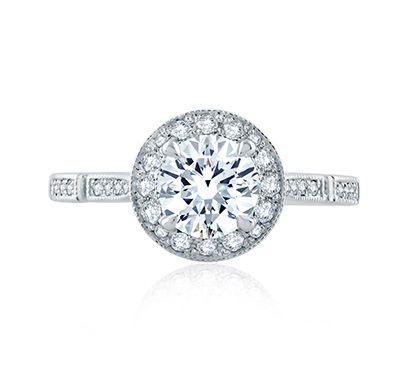 Modern Vintage Ornate Gallery and Shank Detail Round Halo Engagement Ring