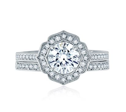 Floral Inspired Milgrian Detail Halo Round Engagement Ring