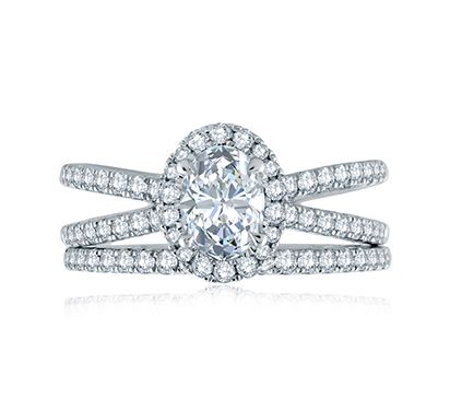 Oval Halo French Pave Criss Cross Delicate Engagement Ring