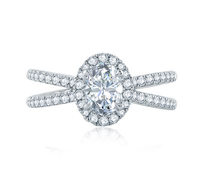 Oval Halo French Pave Criss Cross Delicate Engagement Ring