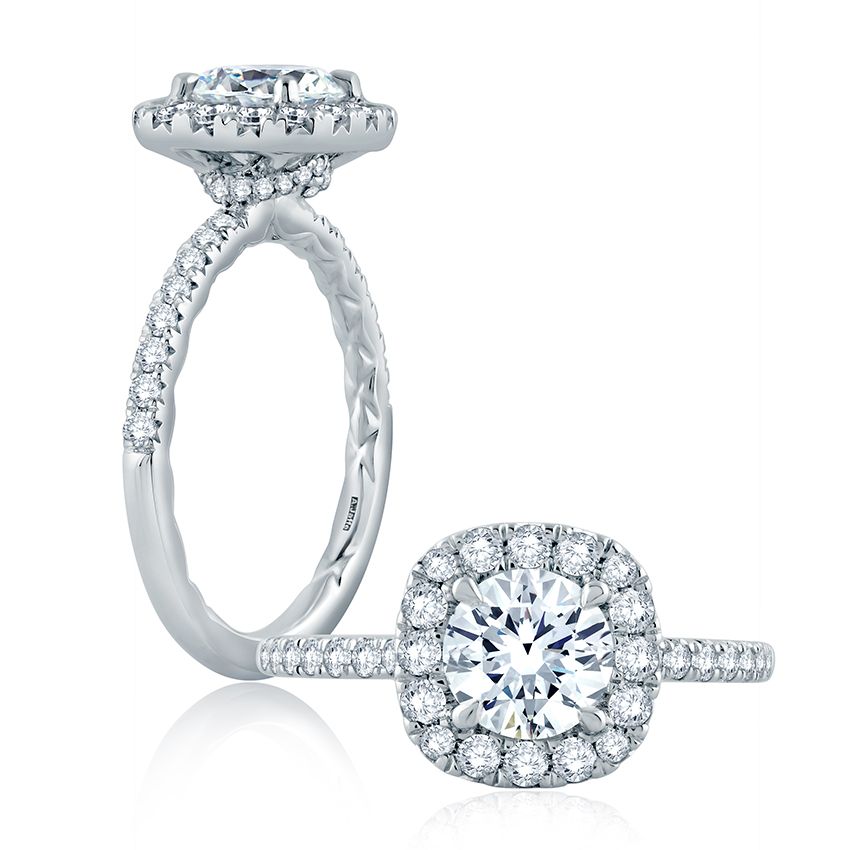 Round Center with Cushion Halo Engagement Ring with Belted Gallery Detail