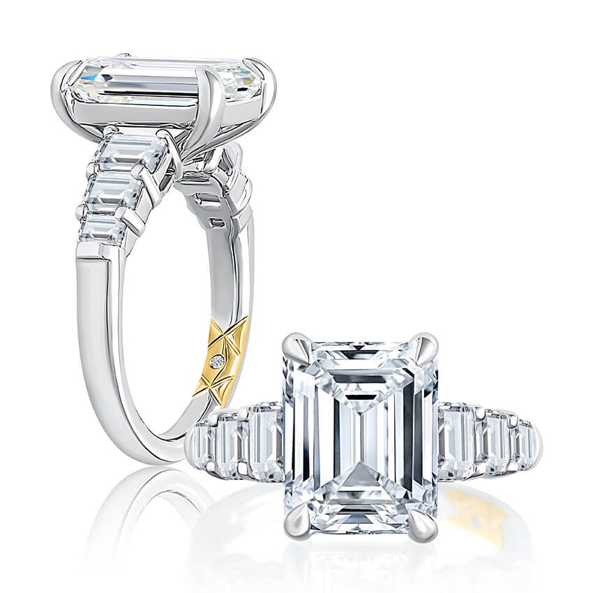 Classic Four Prong Emerald Cut Diamond Flanked Engagement Ring