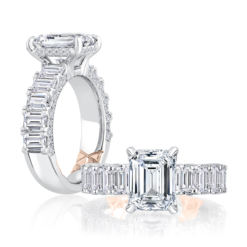 Emerald Cut Diamond Engagement Ring with Emerald Diamond Accents Band