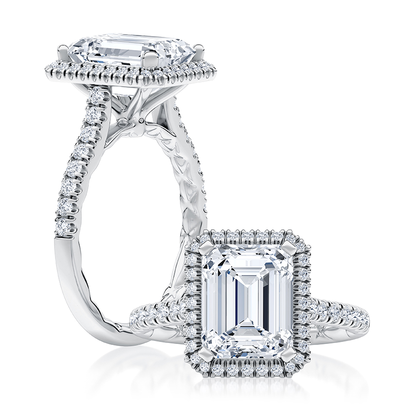 Modern Emerald Cut Diamond Engagment Ring with Diamond Pave Halo