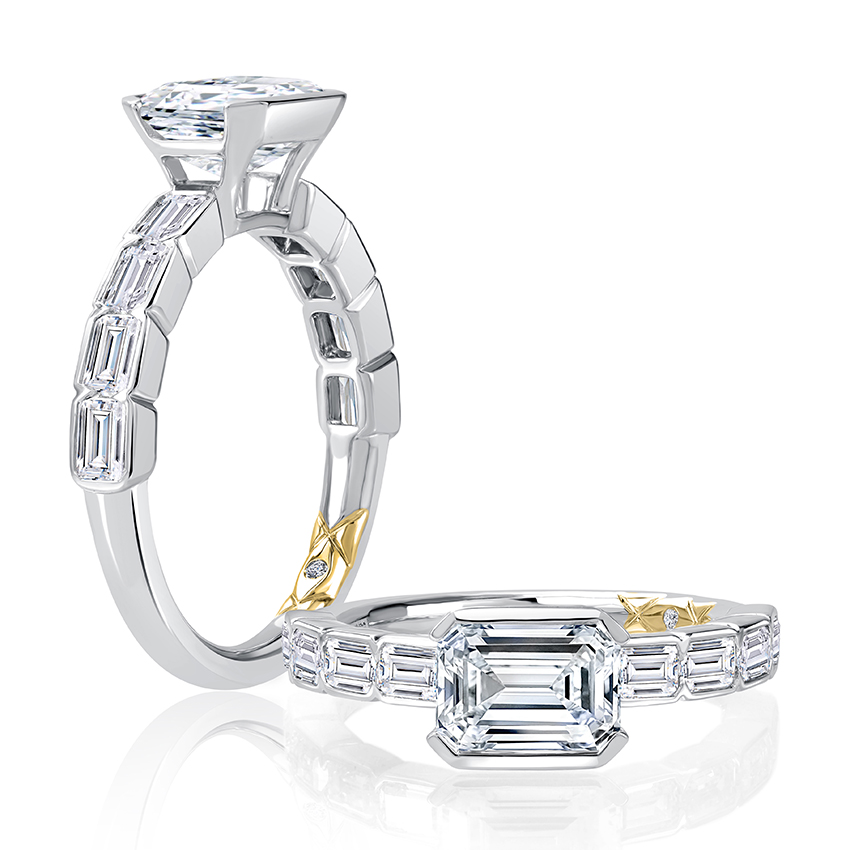 Modern Half Bezel East West Emerald Diamond Engagement Ring. 