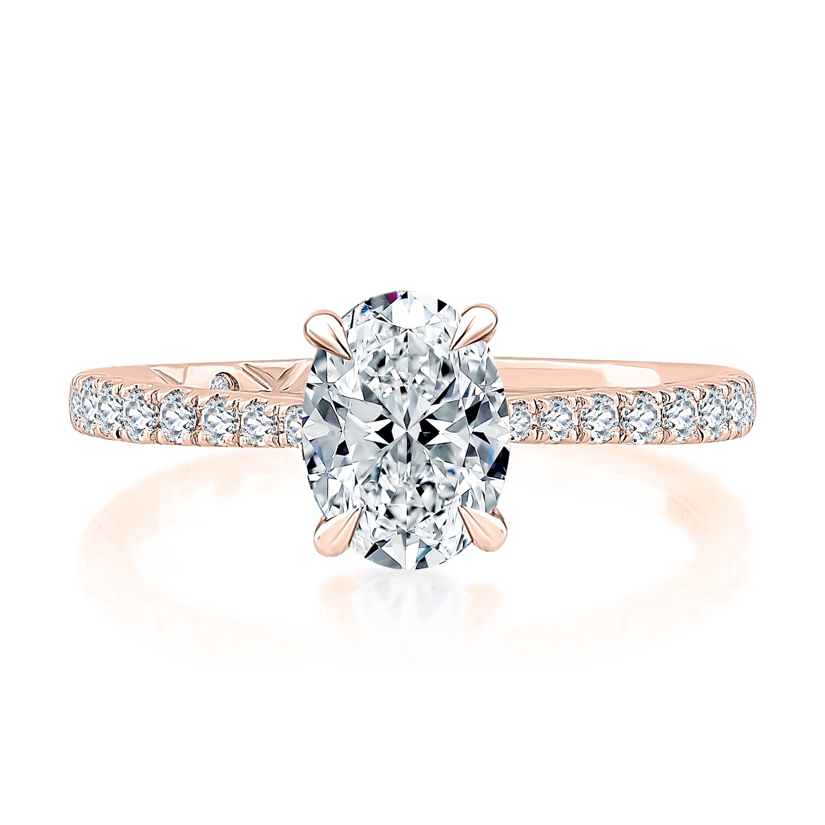 Oval Cut Center Hidden Halo Engagement Ring with Pave Band