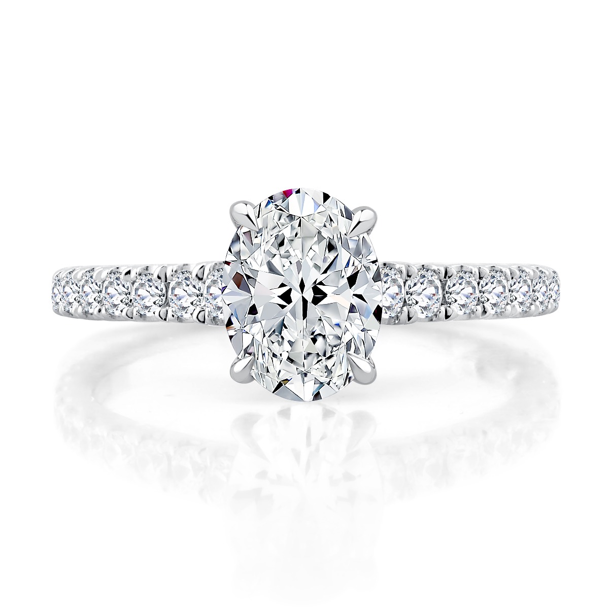 Classic Four Prong Oval Center Diamond Engagement Ring with Pave Band