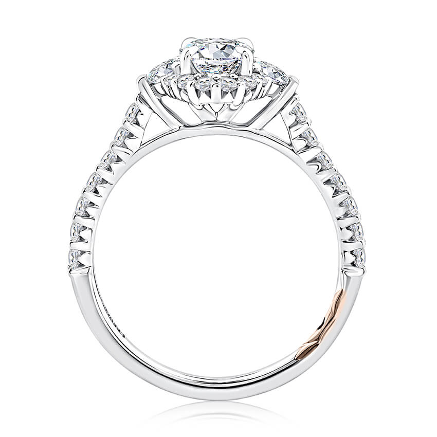 Oval Shaped Halo Three Stone Diamond Engagement Ring with Pave Band