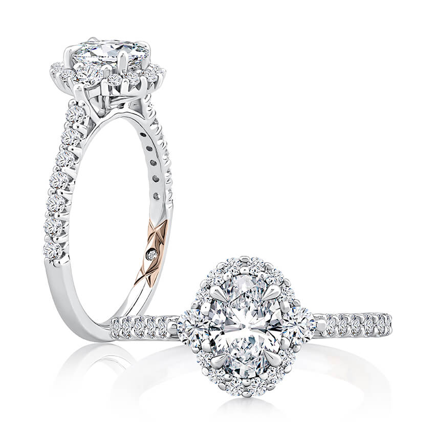 Oval Shaped Halo Three Stone Diamond Engagement Ring with Pave Band
