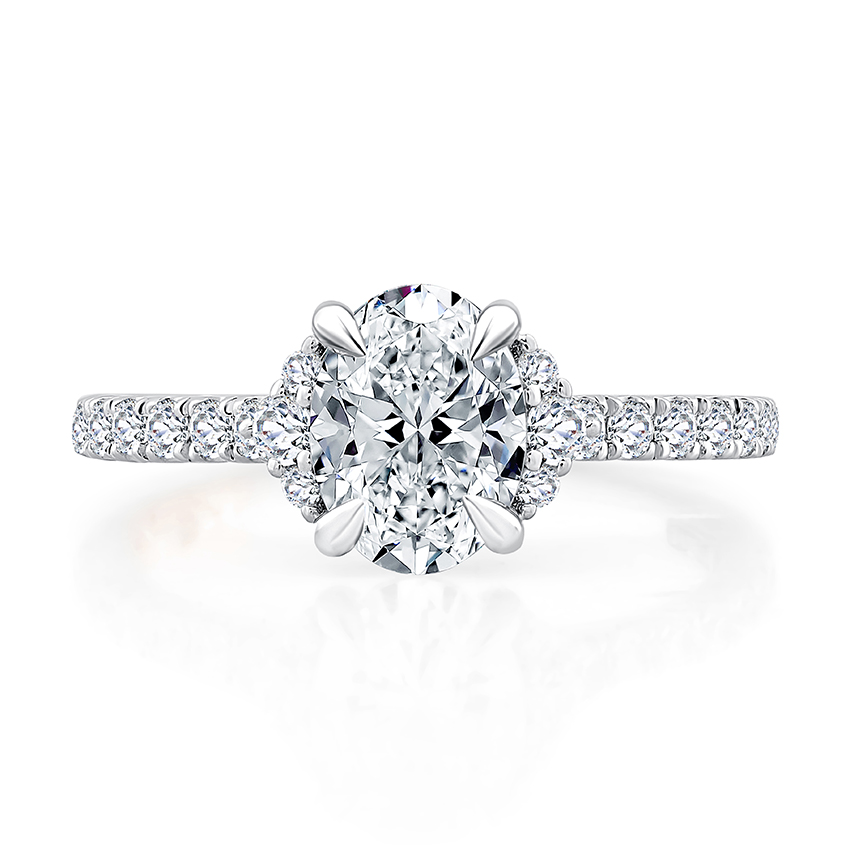 Oval Center Diamond Engagement Rings with Side Accents and Pave Band