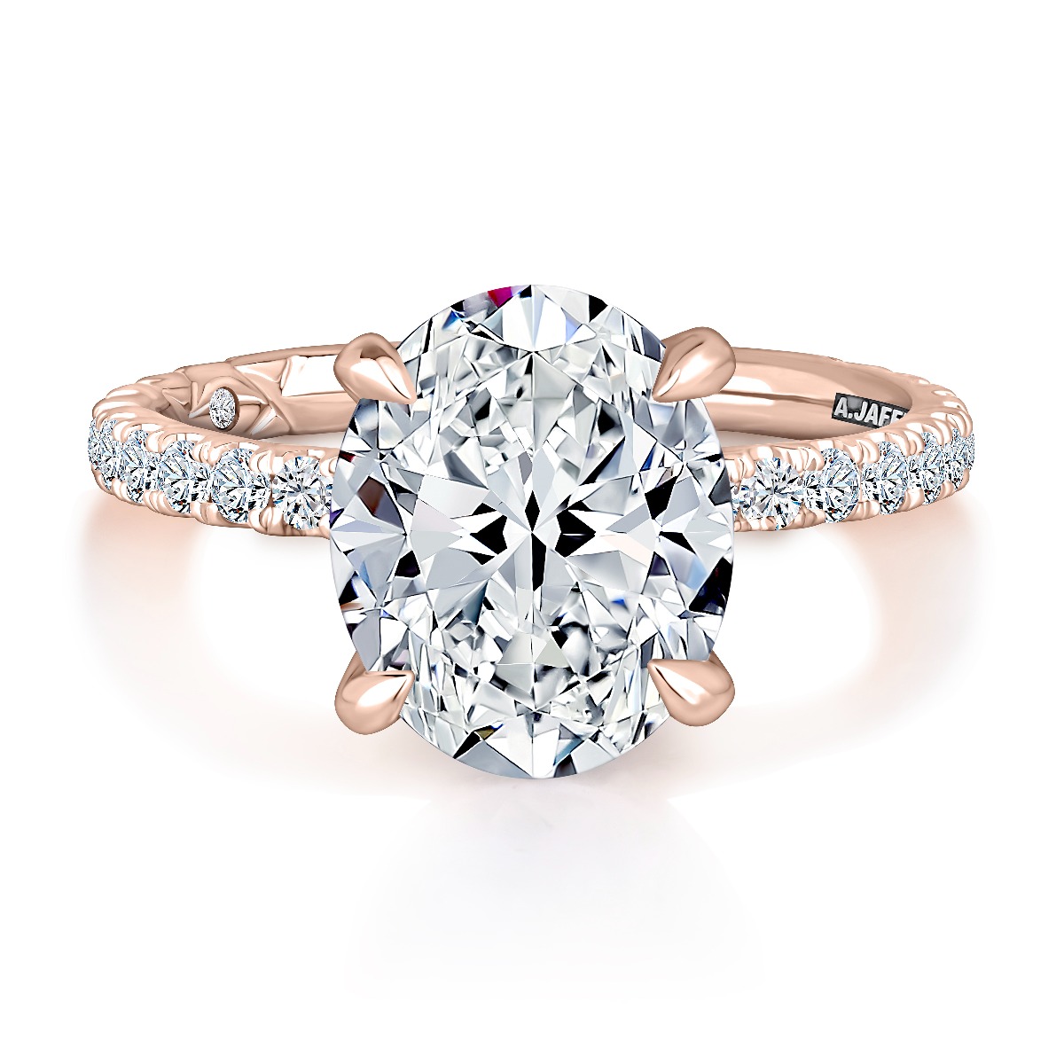 Classic Four Prong Oval Diamond Engagement Ring with Pavé Band and Quilts® Interior