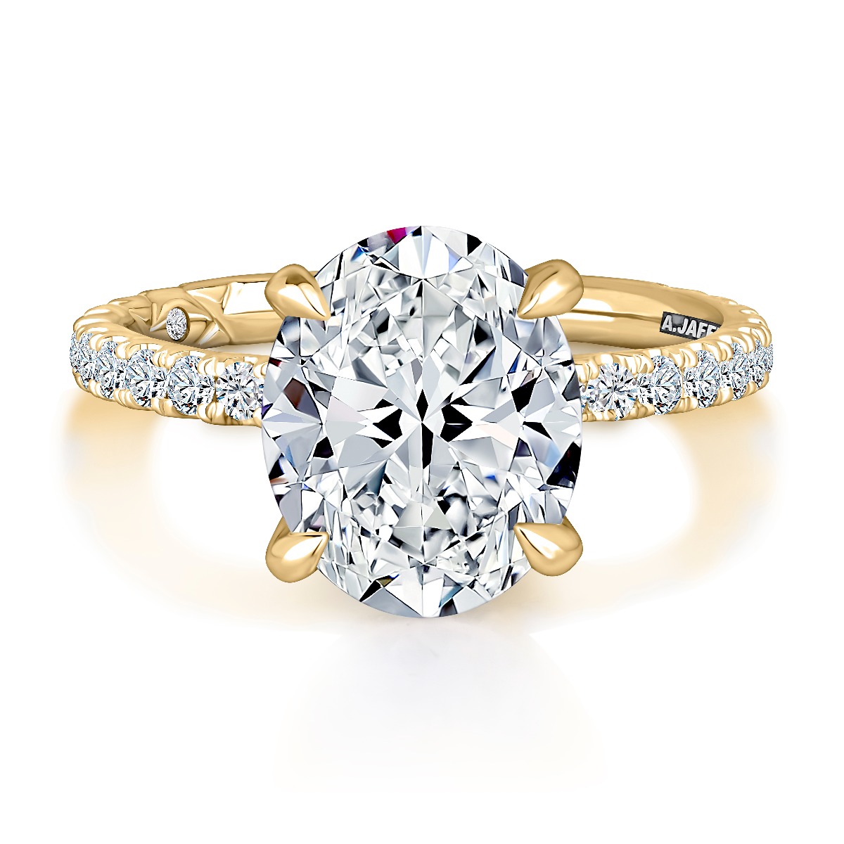 Classic Four Prong Oval Diamond Engagement Ring with Pavé Band and Quilts® Interior