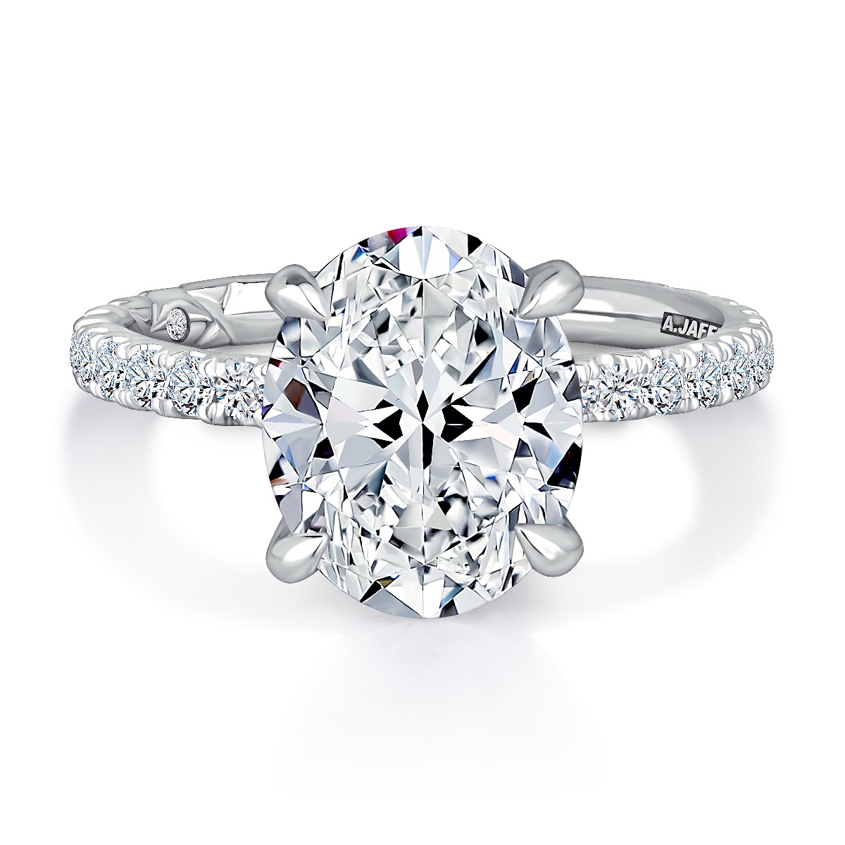 Classic Four Prong Oval Diamond Engagement Ring with Pavé Band and Quilts® Interior