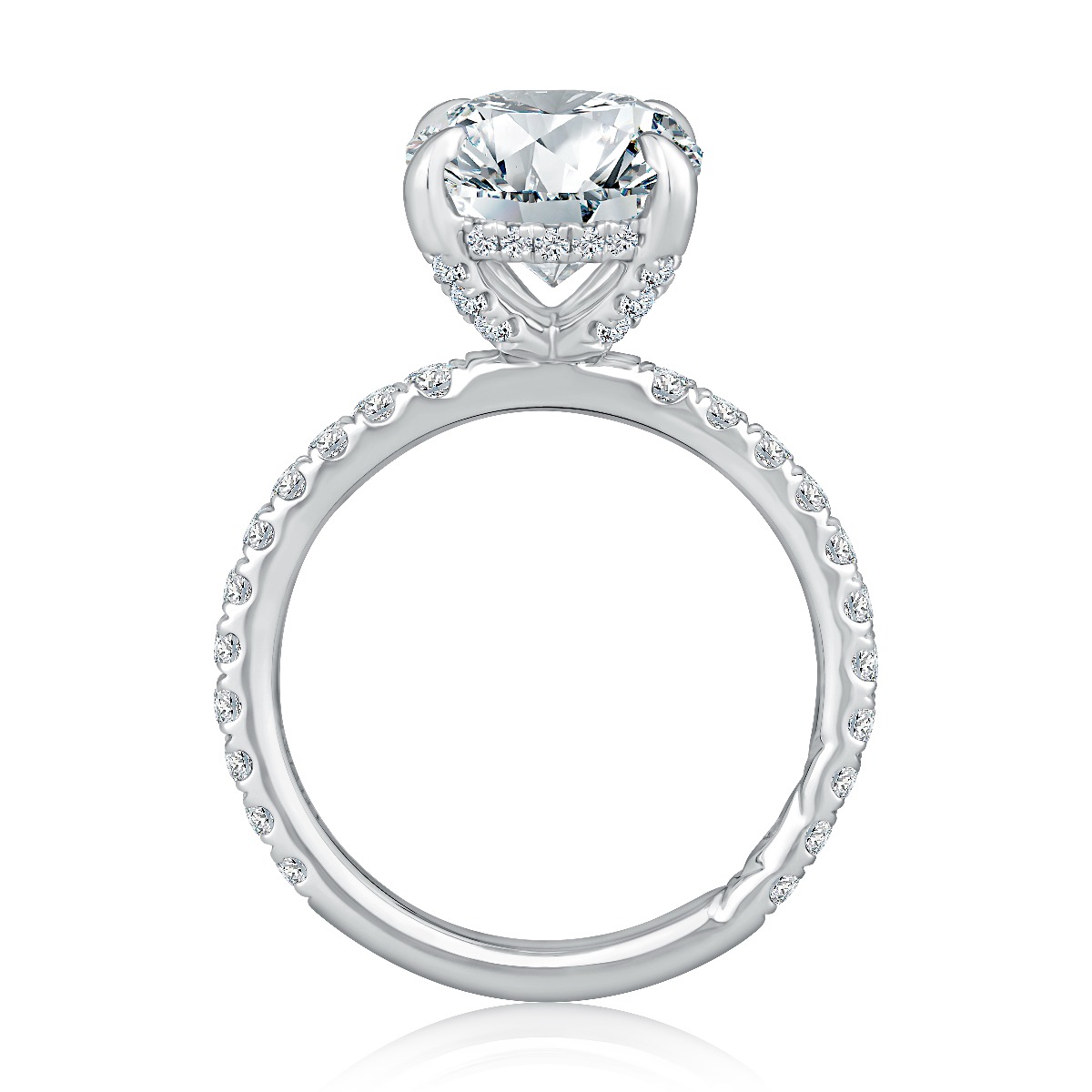 Classic Four Prong Oval Diamond Engagement Ring with Pavé Band and Quilts® Interior
