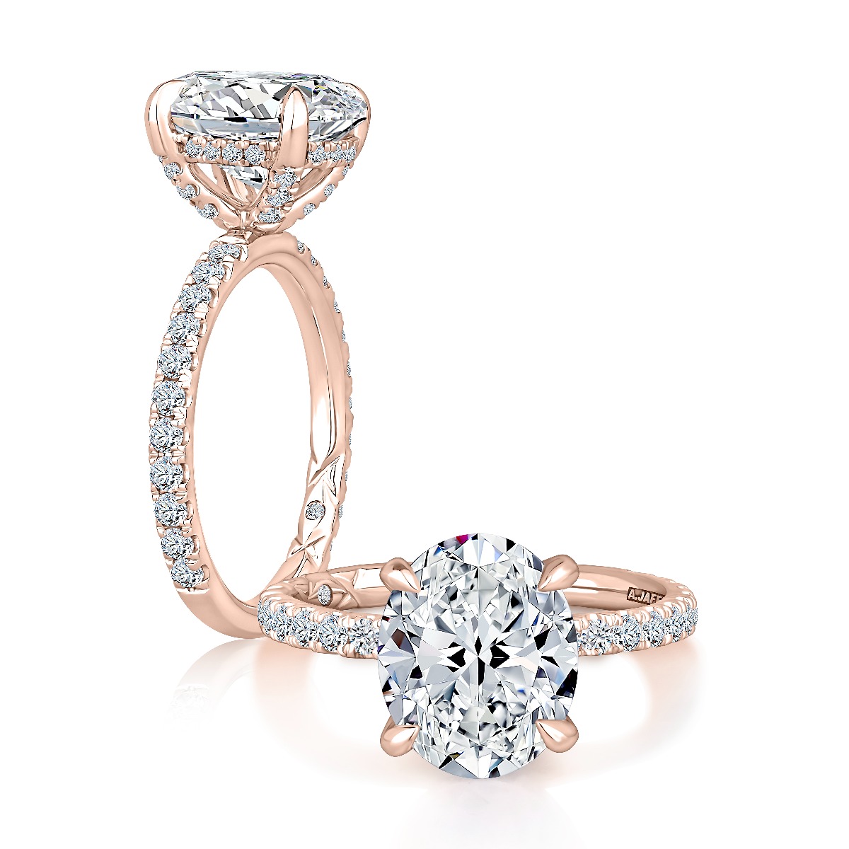 Classic Four Prong Oval Diamond Engagement Ring with Pavé Band and Quilts® Interior