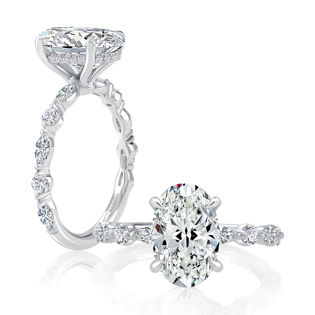 Four Prong Oval Center Diamond Engagement Ring with Alternating Shape Diamond Band