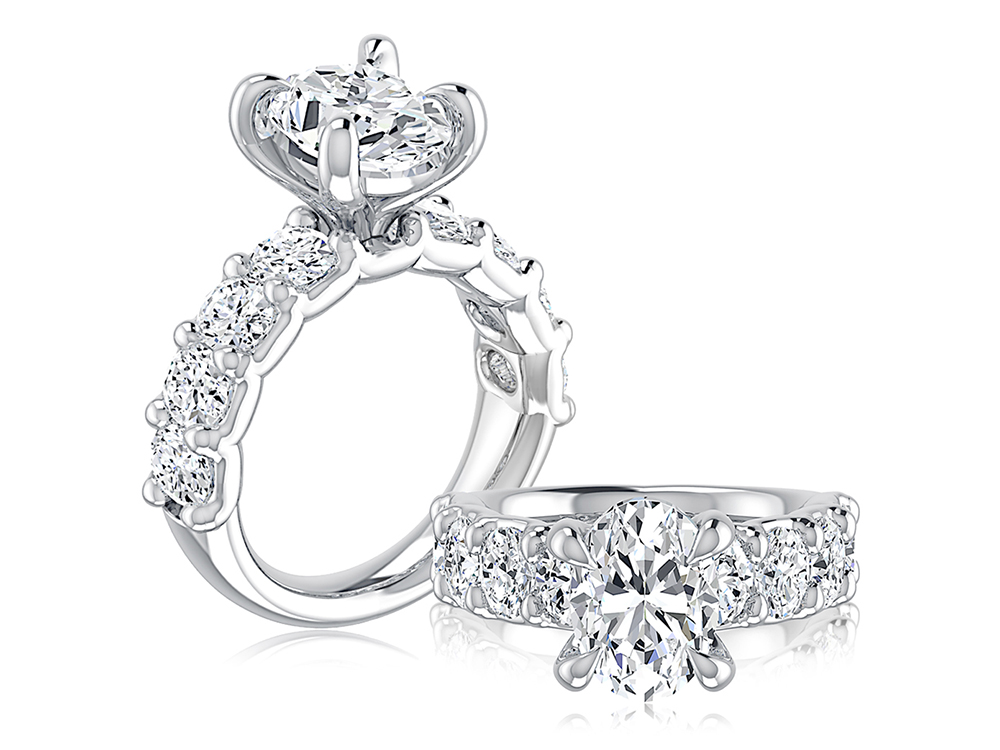 Modern 9-Stone Oval Center Diamond Engagement Ring with Four Prongs