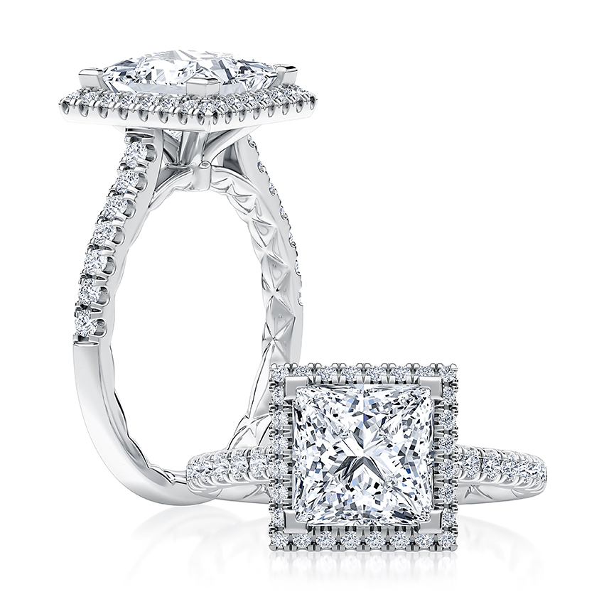 Modern Princess Cut Diamond Engagement Ring with Halo and Pave Band