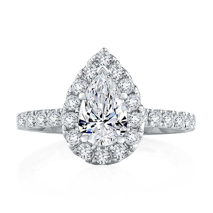 Diamond pear center engagement ring with diamond halo and diamonds down band