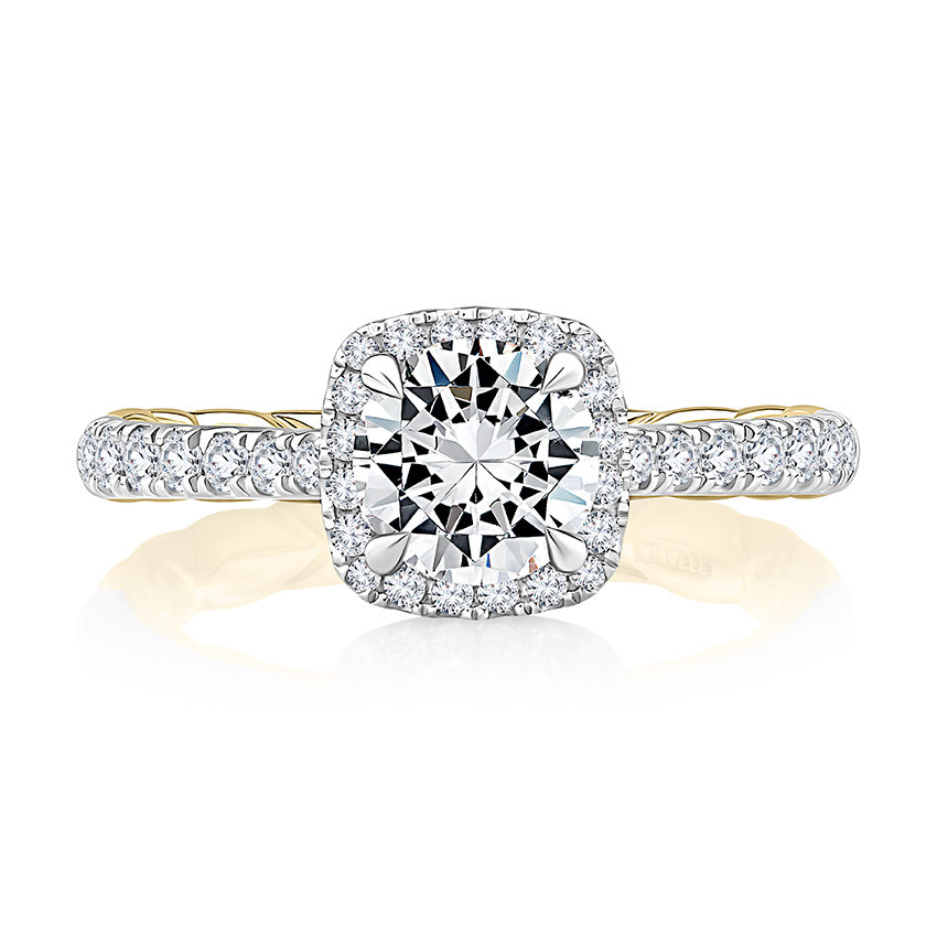 Cushion Shaped Halo Diamond Engagement Ring with a Pave Band and Classic Quilt Interior