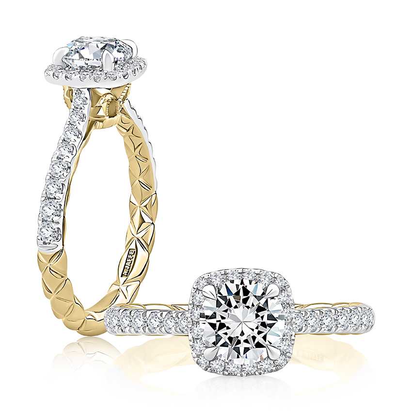 Cushion Shaped Halo Diamond Engagement Ring with a Pave Band and Classic Quilt Interior