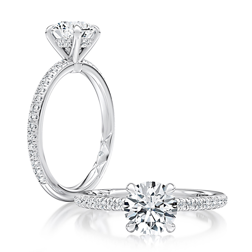 Four Prong Round Center Diamond Center Engagement Ring with Pave Band