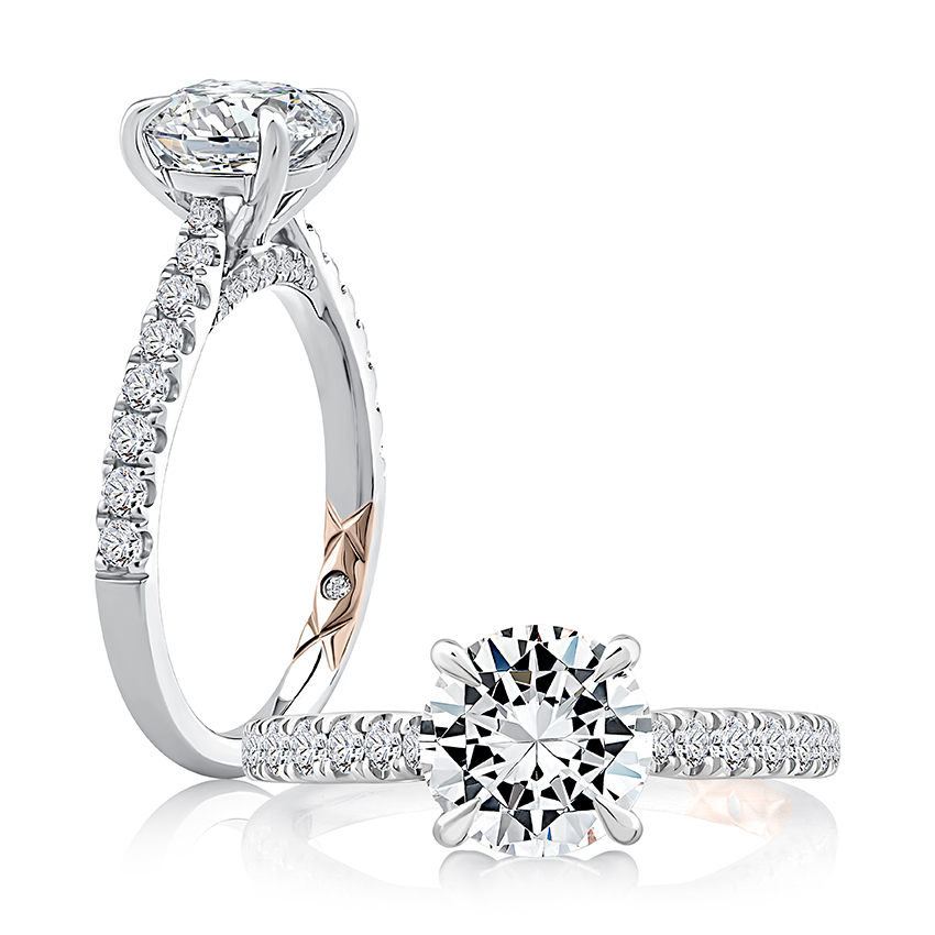 Round Center Diamond Engagement Ring with Peek-A-Boo Diamonds and Pave Band
