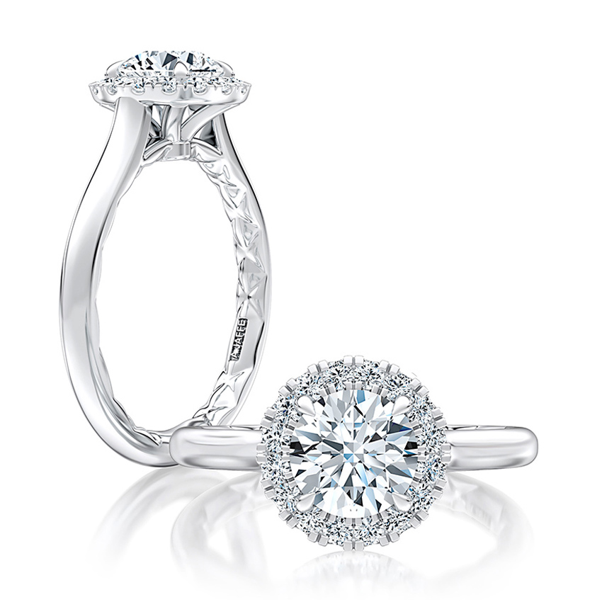 Floral Inspired Round Diamond Center Engagement Ring with Diamond Halo