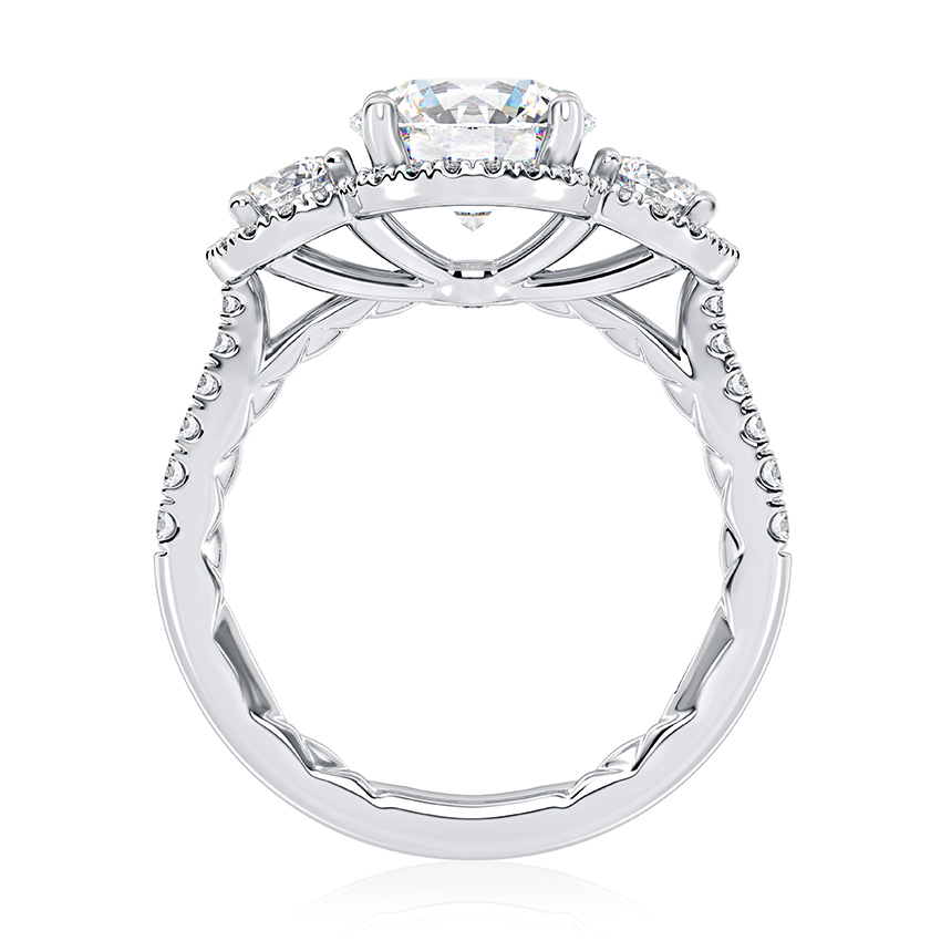 Three Stone Round Center Diamond Engagment Ring with Round Diamond Halos