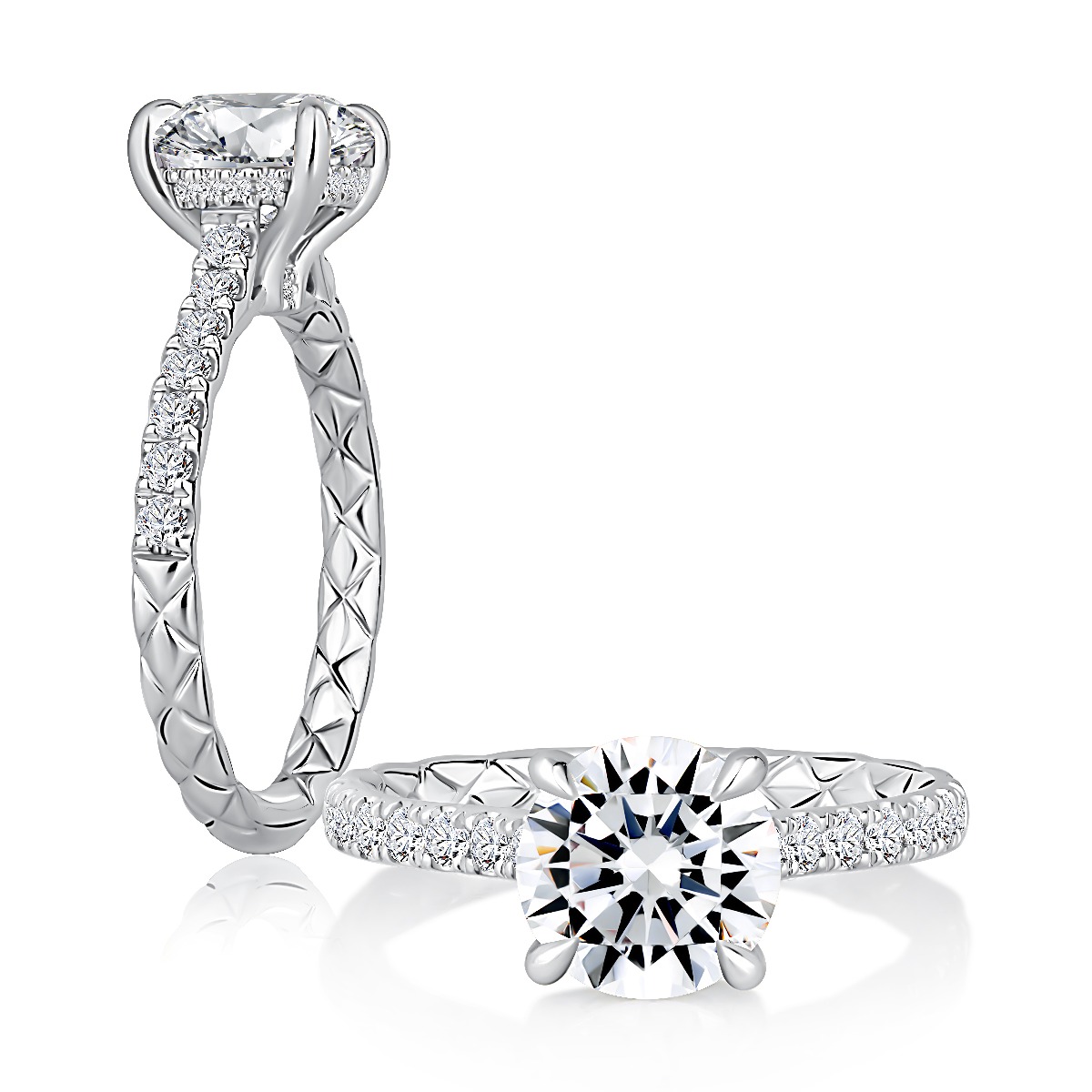 Round Solitaire Diamond Engagement Ring with Quilts™ Band and Pavé Diamonds